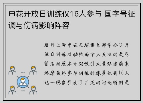 申花开放日训练仅16人参与 国字号征调与伤病影响阵容